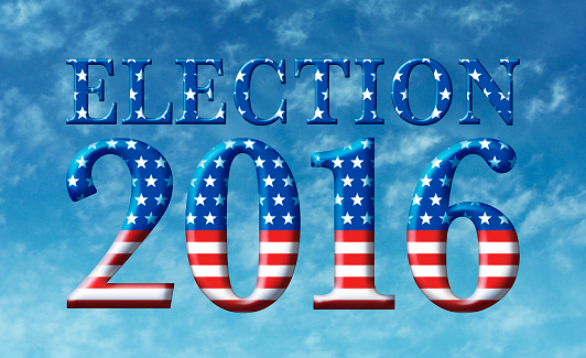 Election 2016 title art filled with satrs and stripes against a blue sky.