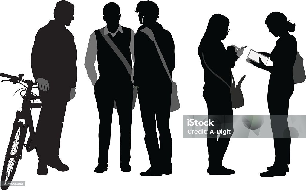 Students After Class Crowd A vector silhouette illustration of students socializing after class.  A group of three young men engage in conversation while one man stands by his bike and another two men wear shoulder bags.  Two young women exchange information entering information from a notebook into a smart phone. In Silhouette stock vector