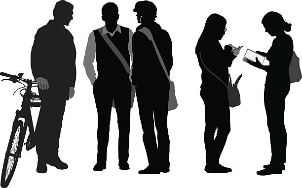 Students After Class Crowd A vector silhouette illustration of students socializing after class.  A group of three young men engage in conversation while one man stands by his bike and another two men wear shoulder bags.  Two young women exchange information entering information from a notebook into a smart phone. well dressed man standing stock illustrations