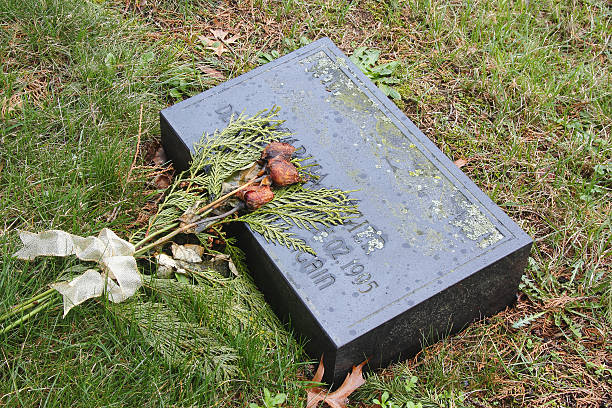 istock Faded flowers and grave headstone. 509358112