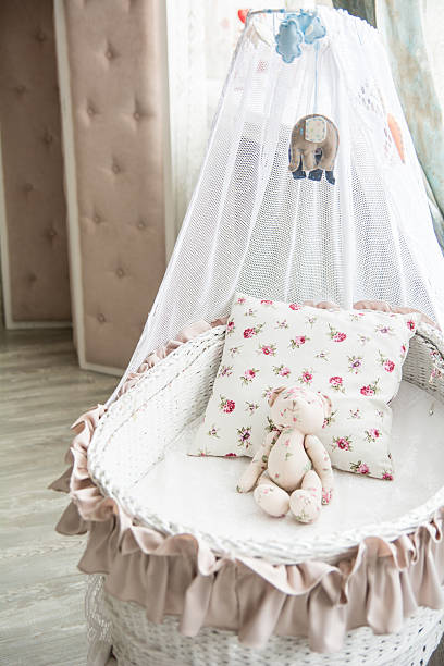 istock Retro interior children's bedroom with a wicker crib 509358728