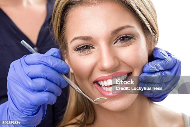 Teeth Checkup At Dentist Stock Photo - Download Image Now - Dentist, Patient, Smiling