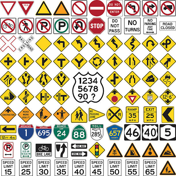 ilustraciones, imágenes clip art, dibujos animados e iconos de stock de carretera señales y símbolos - carretera