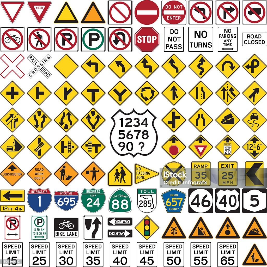 Road Signs and Symbols Collection of professionnal road sign and symbols on white Road Sign stock vector