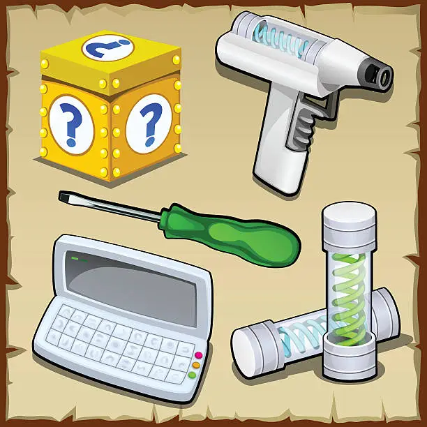 Vector illustration of Toolbox, box, calculator, test tube inventor