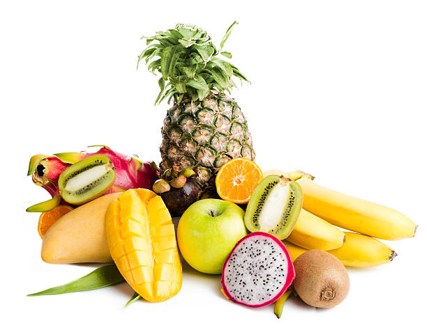 istock Composition of exotic fruits isolated on white 509366763