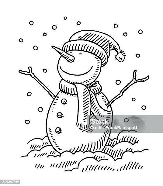 Ilustración de Feliz Muñeco De Nieve En Invierno Dibujo y más Vectores Libres de Derechos de Muñeco de nieve - Muñeco de nieve, Diseño de trazado, Dibujo