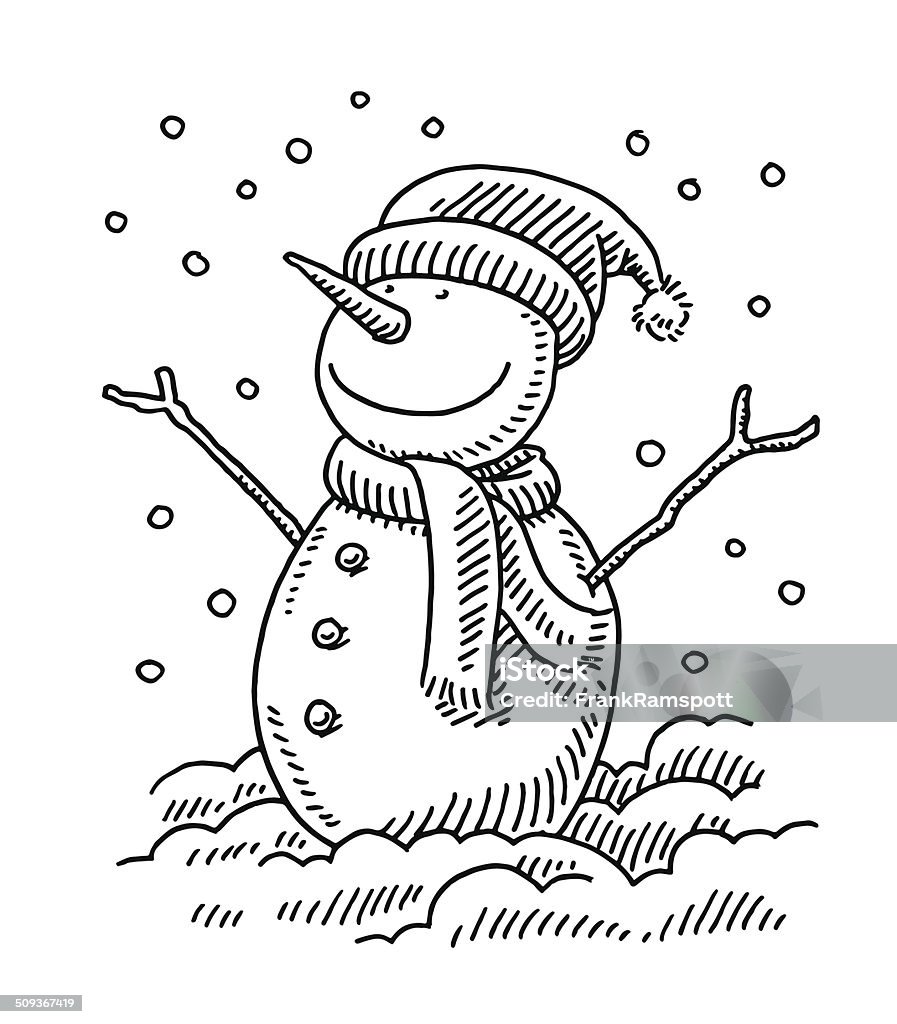 Happy Snowman Winter Drawing Hand-drawn vector drawing of a Happy Snowman in Winter. Black-and-White sketch on a transparent background (.eps-file). Included files are EPS (v10) and Hi-Res JPG. Snowman stock vector