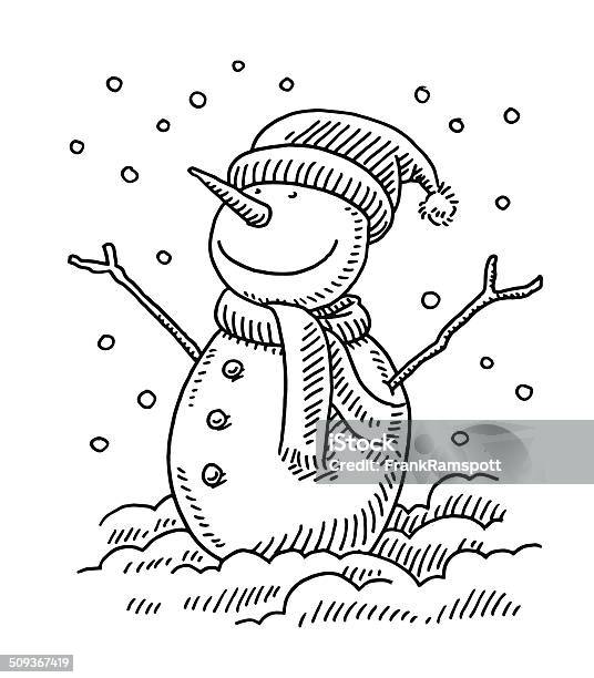 Happy Snowman Winter Drawing Stock Illustration - Download Image Now - Snowman, Line Art, Christmas