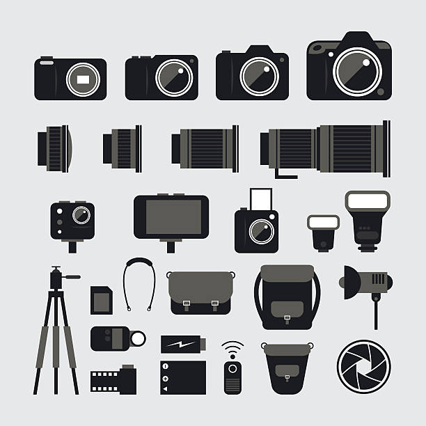 Camera, Photography Flat Icons Set Types, Lens, Equipment and Accessories point and shoot camera stock illustrations