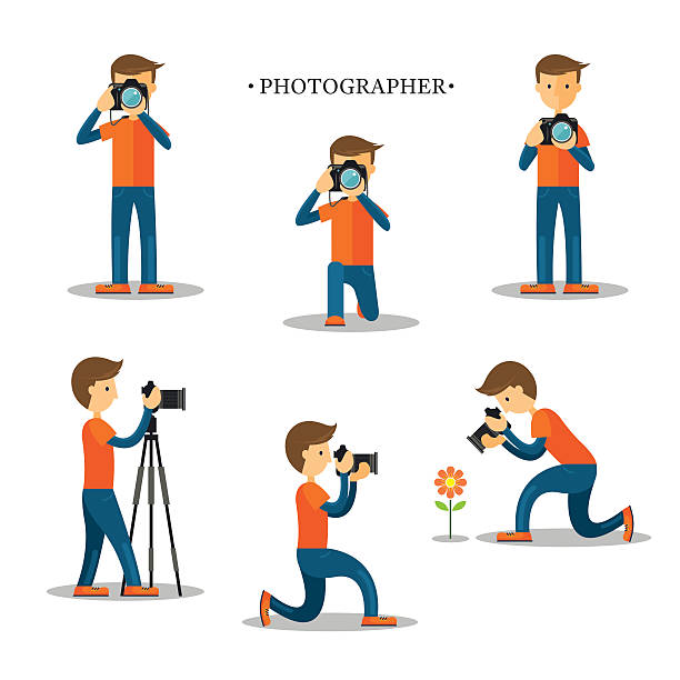 fotograf mit einer kamera in aktion einstellen - filming point of view illustrations stock-grafiken, -clipart, -cartoons und -symbole