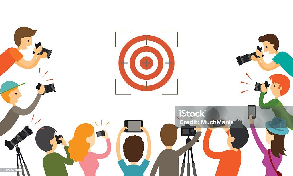 Photographers Aiming to Target Group of People Holding Cameras, Taking Photos Camera - Photographic Equipment stock vector