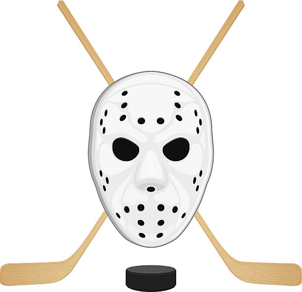 istock Illustration of hockey mask, a puck, and sticks on white.  509369155