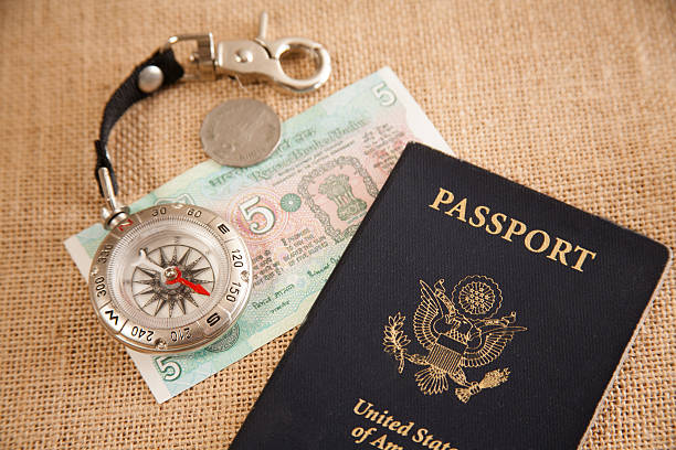 istock Travel background. Compass, passport, money on burlap. 509372226