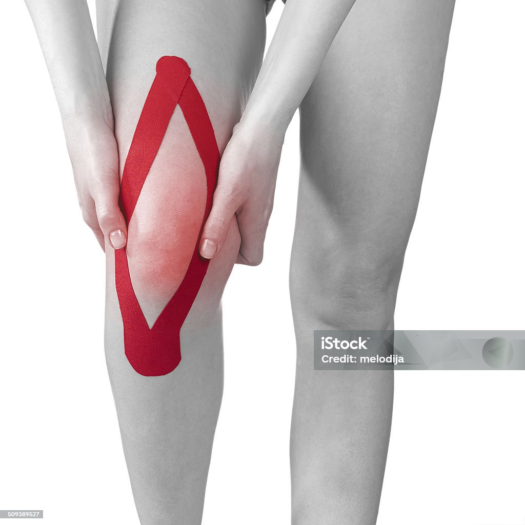 Acute pain in a woman knee. Acute pain in a knee. Woman holding hand to spot of knee-aches. Adult Stock Photo