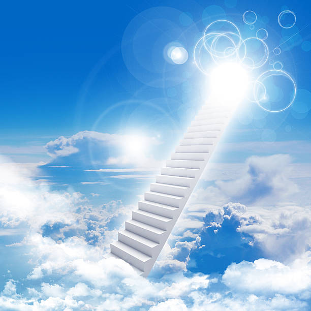 istock Stairs in sky with clouds and sun 509391673