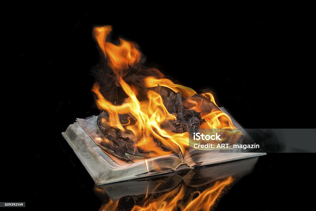 Book in the flame -  isolated on black. A burning book on black backround. Fire is in the center of the opened book. Reflection of the fire on the front part of the background. Book Stock Photo