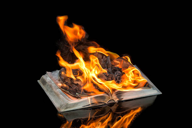 Book in the flame -  isolated on black. A burning book on black backround. Fire is in the center of the opened book. Reflection of the fire on the front part of the background. book burning stock pictures, royalty-free photos & images
