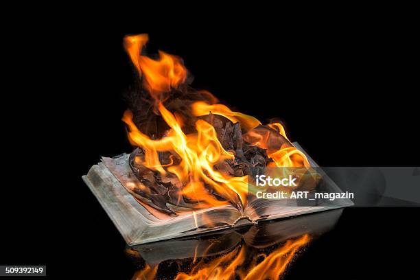 Book In The Flame Isolated On Black Stock Photo - Download Image Now - Book, Book Burning, Burning