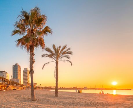 Barceloneta Beach in Barcelona at sunrise