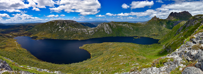 Panoramic view of Dove Lake and Cradle Mountain from Marions Lookout, Tasmania