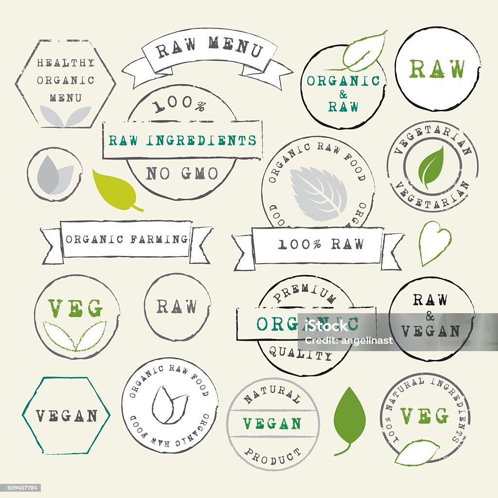 Conjunto de sellos de materias primas y platos vegetarianos - arte vectorial de Biología libre de derechos