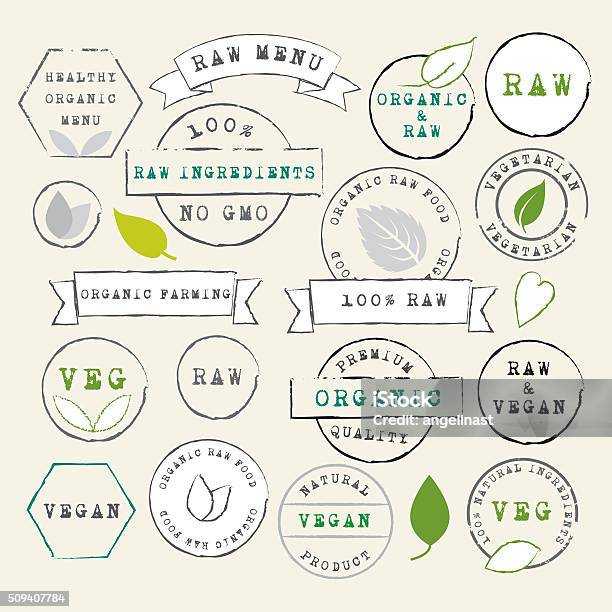 Ilustración de Conjunto De Sellos De Materias Primas Y Platos Vegetarianos y más Vectores Libres de Derechos de Biología