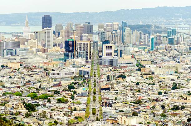 Aerial view of downtown San Francisco city skyline, California, United States of America. A view of Market street in the Castro, LGBT rainbow flag, cityscape, skyscrapers, architecture and bay from Twin Peaks.
