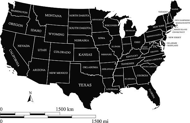 USA map outline vector with scales in black color United States map vector outline with scales of miles and kilometers, states names, capital location and name, Washington DC, in black color michigan maryland stock illustrations