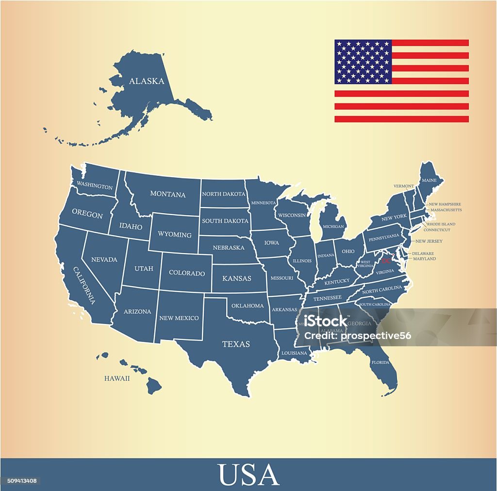 USA map outline vector with US flag and states names USA flag outline vector and United States map vector outline with states borders and names, capital location and name, Washington DC, in a creative design Arizona stock vector