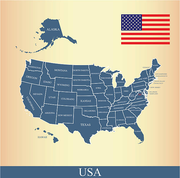 USA map outline vector with US flag and states names USA flag outline vector and United States map vector outline with states borders and names, capital location and name, Washington DC, in a creative design florida us state stock illustrations