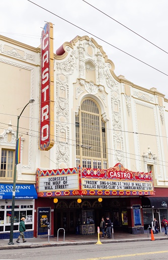 San Francisco, California, United States of America - March 3, 2014: The Castro theater in San Francisco, California, United States of America, a historic landmark and one screen cinema. An ornate spanish colonial baroque building with neon lights in the lgbt community.