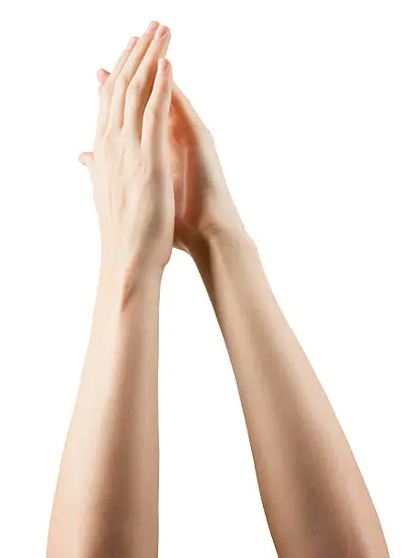 Photo of Group of hands applauding on white background