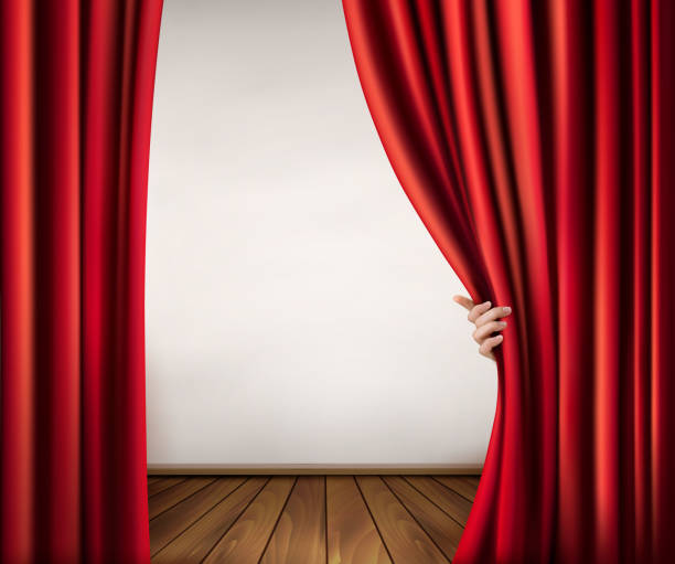 istock Background with red velvet curtain and hand. Vector illustration 509416851