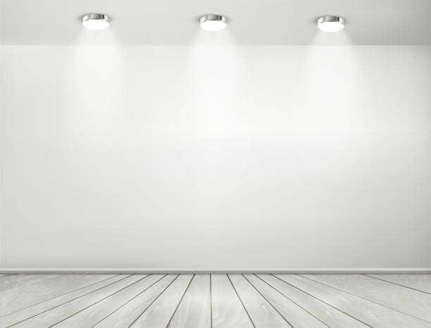 istock Grey room spotlights and wooden floor. Showroom concept. Vector. 509416935
