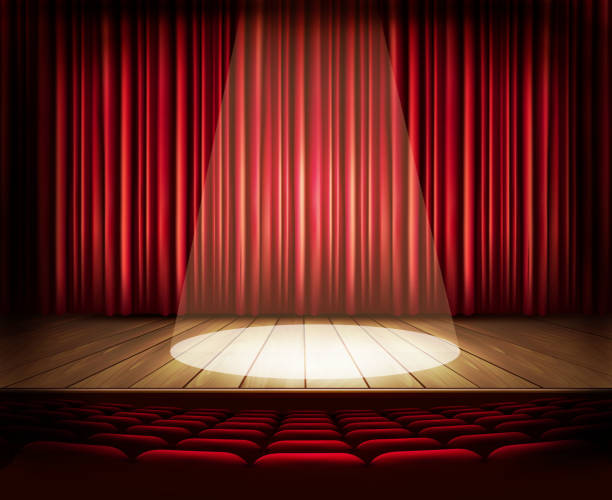istock Theater stage with red curtain, seats and a spotlight. Vecto 509416953