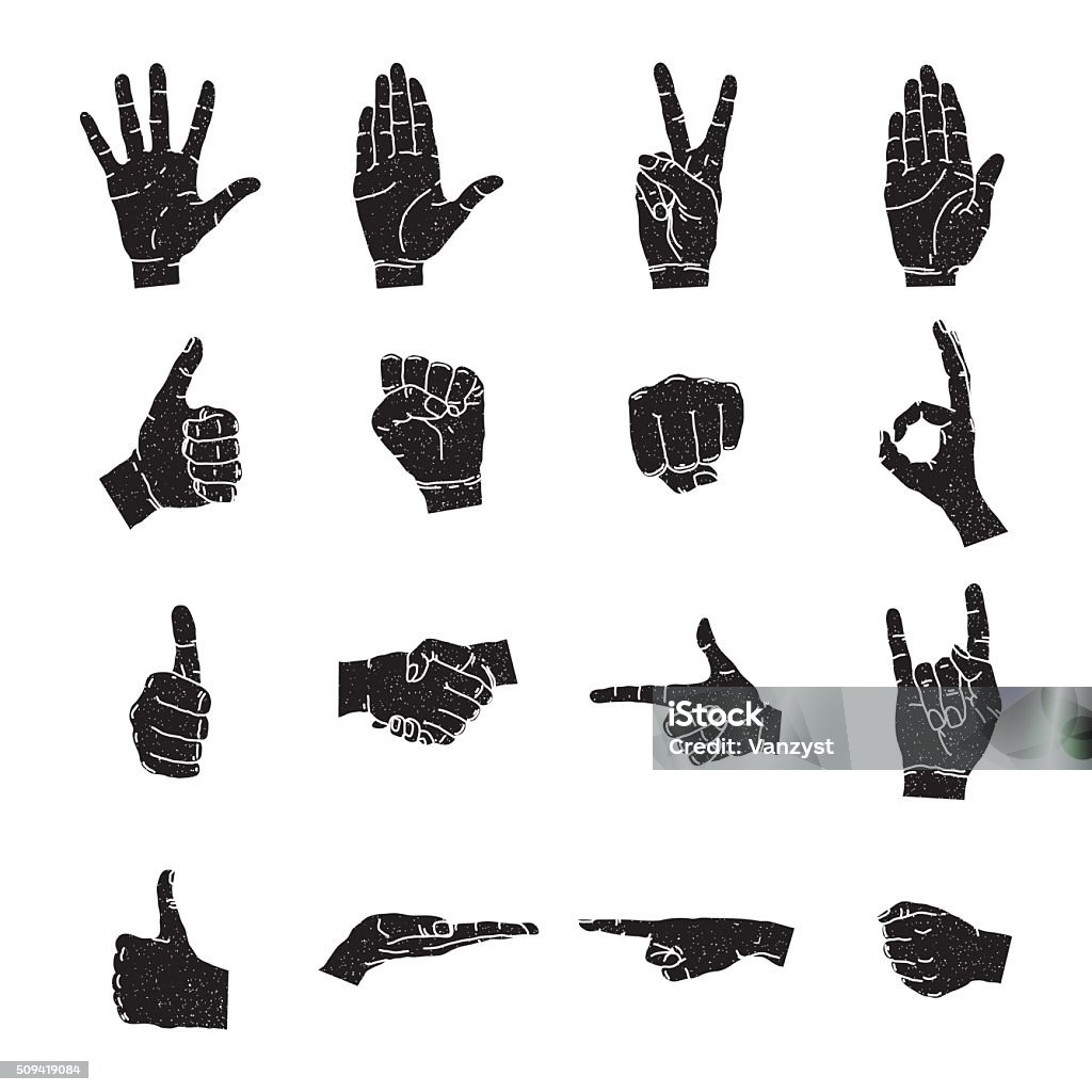 Hand icon collection, vector silhouette illustration Vector illustrations set of black human hands in various gestures Retro Style stock vector