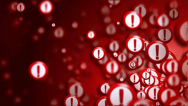 Group of signs with exclamation marks on a red backdrop, as a concept and warning sign of the wrong choice from the internet community in cyberspace. Abstract futuristic horizontal background.
