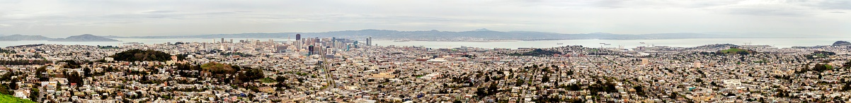 Aerial panoramic view of downtown San Francisco city skyline, California, United States of America. A view of the coast line, cityscape, skyscrapers, architecture Alcatraz island and bay from Twin Peaks.