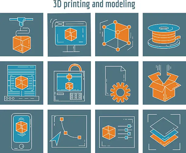 Vector illustration of Vector icons set 3d printing and modeling