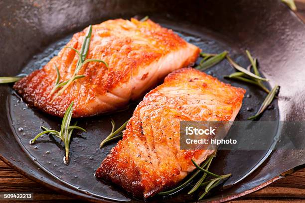Salmon Steak In Fryer Stock Photo - Download Image Now - Salmon - Seafood, Fish, Fat - Nutrient