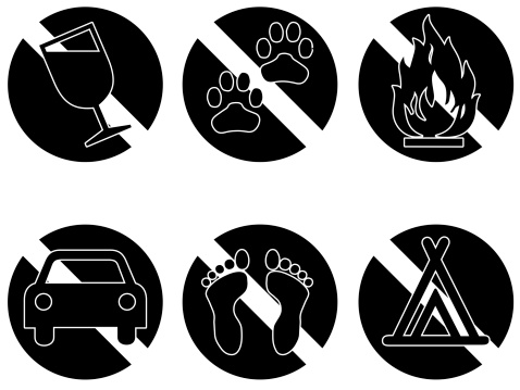 Six symbols showing things that are banned or not permitted, no drinking, no pets, no fires, no automobiles, no bare feet, no camping, black and white illustration