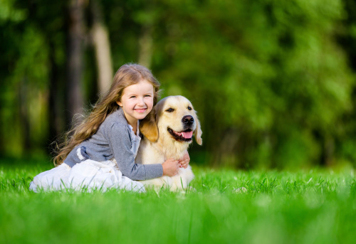 Little girl sitting on the grass with golden retriever in the summer park