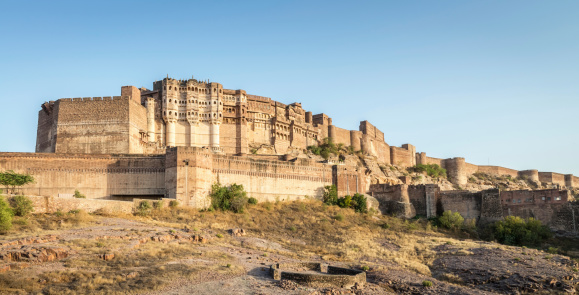 Panoramic view of Meherangarh Fort, one of the largest forts in India, at night. Jodhpur, Rajasthan, India.