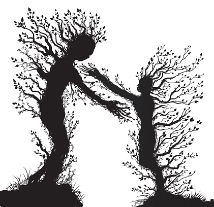 two tree silhouettes look like man and woman with stretching arm to each other, plant surrealism,  fairy tree silhouettes two tree souls on white background, vector.