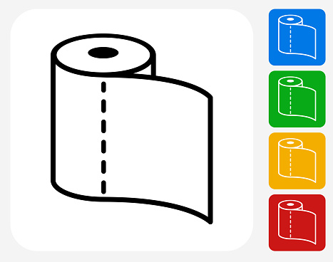 Toilet Paper Icon. This 100% royalty free vector illustration features the main icon pictured in black inside a white square. The alternative color options in blue, green, yellow and red are on the right of the icon and are arranged in a vertical column.