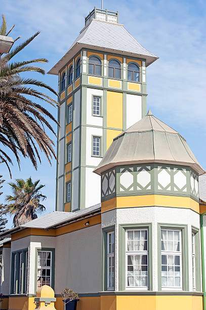 Swakopmund,Namibia - November 12, 2015: Distinctive mix of local, historic and German colonial motifs show in the facade and tower construction of this stylish building in Swakopmund, Namibia, Africa