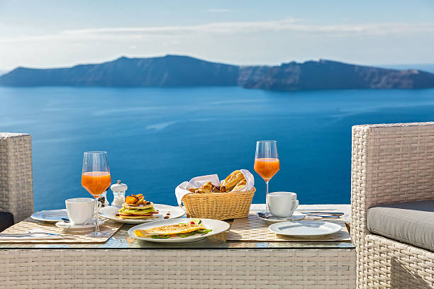 Fresh Breakfast and sea views Fresh Breakfast in a beautiful location with sea views table ledge stock pictures, royalty-free photos & images