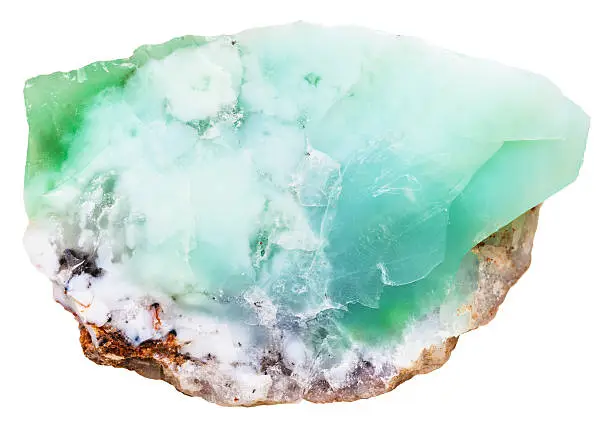 macro shooting of natural mineral stone - Chrysoprase ( chrysophrase, chrysoprasus, green chalcedony) crystalline gemstone isolated on white background