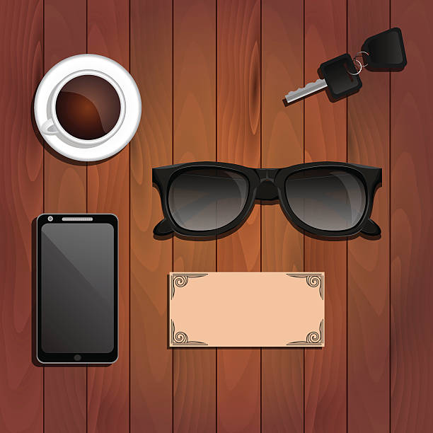 Sunglasses, telephone, coffee and car keys Sunglasses, business card, smart phone, coffee, car keys on the table, top view car keys table stock illustrations